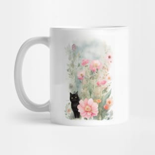 Black Cat  in the Flower Garden Soft Pastel Colours Mug